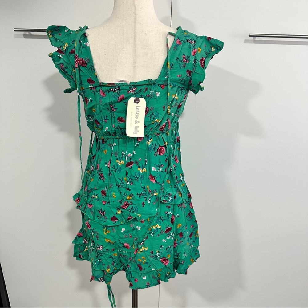 Lottie & Holly S Green Floral Tiered Mini Dress Tropical Resort Coquette - Picture 3 of 14